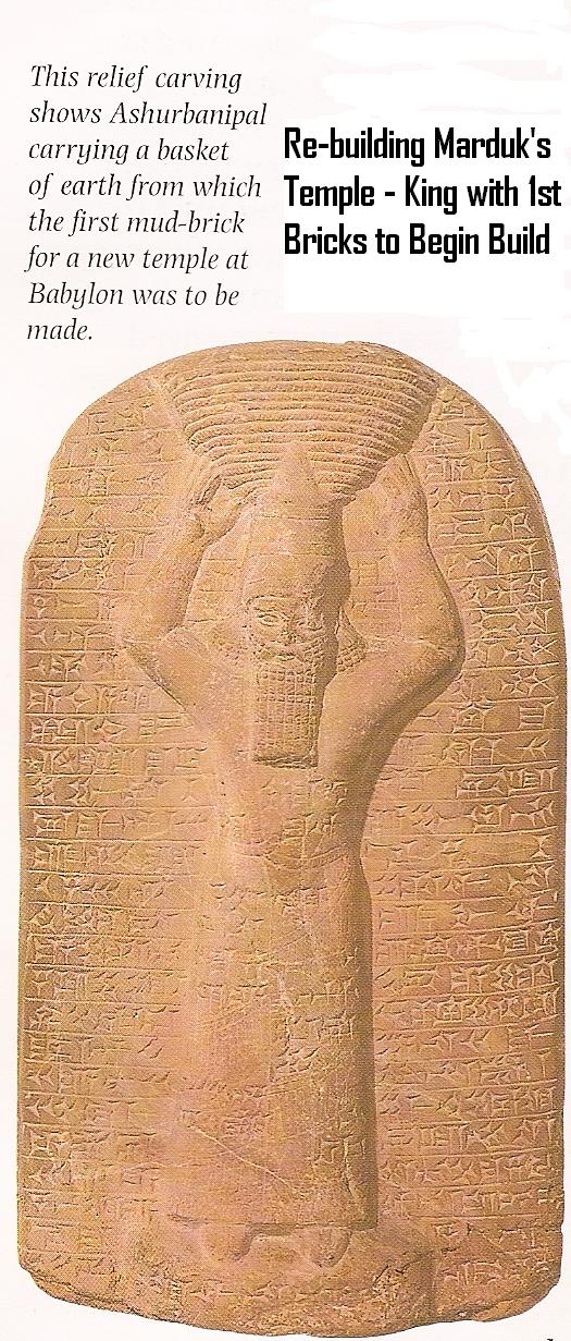 3h - King Ashurbanipal re-builds Marduk's Temple in Babylon 660 B.C., mixed-breed kings were responsible for the upkeep of Marduk's home, making repairs, feeding & clothing the gods, seeing to any needs or demands from the patron god of the city, artefacts of mixed-breeds are shamefully being destroyed by Radical Islam, denying knowledge of our ancient history contradictory to their religion as evidenced by these texts, reliefs, & stelas, etc,  