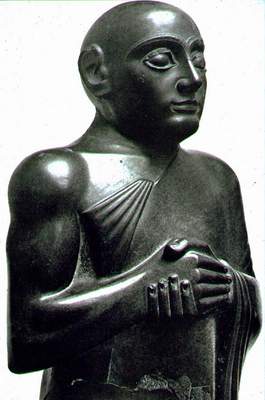 7 - Lagash artifact of 2/3rds divine Gudea, High-Priest of Lagash 2,144 B.C., "the patesi (high-priest) of Shirpurla (Lagash), who the temple E-ninnû of the god Nin-girsu (Ninurta) has constructed..."