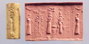 10i - Ninhursag, King Anu above inside his winged sky-disc / flying saucer, Ningal, & Inanna; ancient scene depicting many alien technologies not seen before on Earth