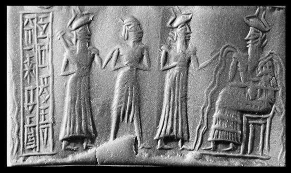 5 - son Marduk, his spouse Sarpanit, unidentified son, & father Enki giving instructions & guidance