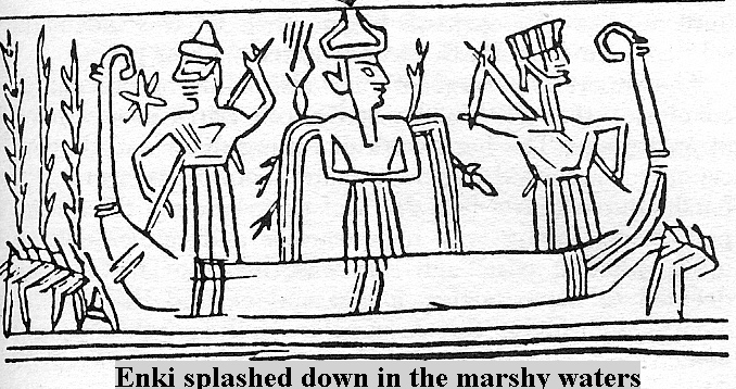 15 - Enki & 2 unidentified gods in the marshy Waters & reeds of the Abzu by Eridu, close to where Enki originally landed in the Persian Gulf with a crew of 50 Anunnaki