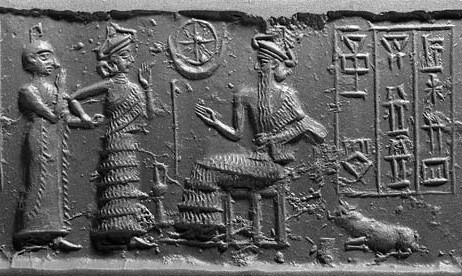 1b - Inanna, semi-divine mixed-breed descendant king, & Nannar seated on his throne in Ur; a time long ago forgotten when the gods walked, talked, & had sex with the semi-divine men & women
