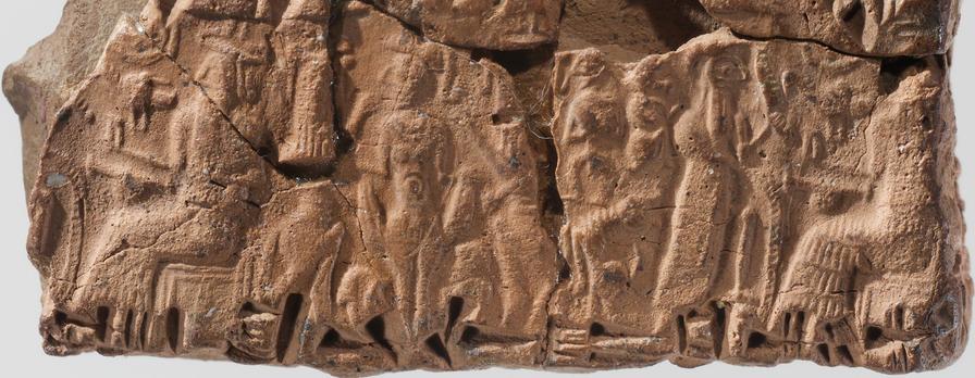 27 - Nannar seated, naked Inanna, damaged Ninsun, damage again, & mixed-breed king before Nannar