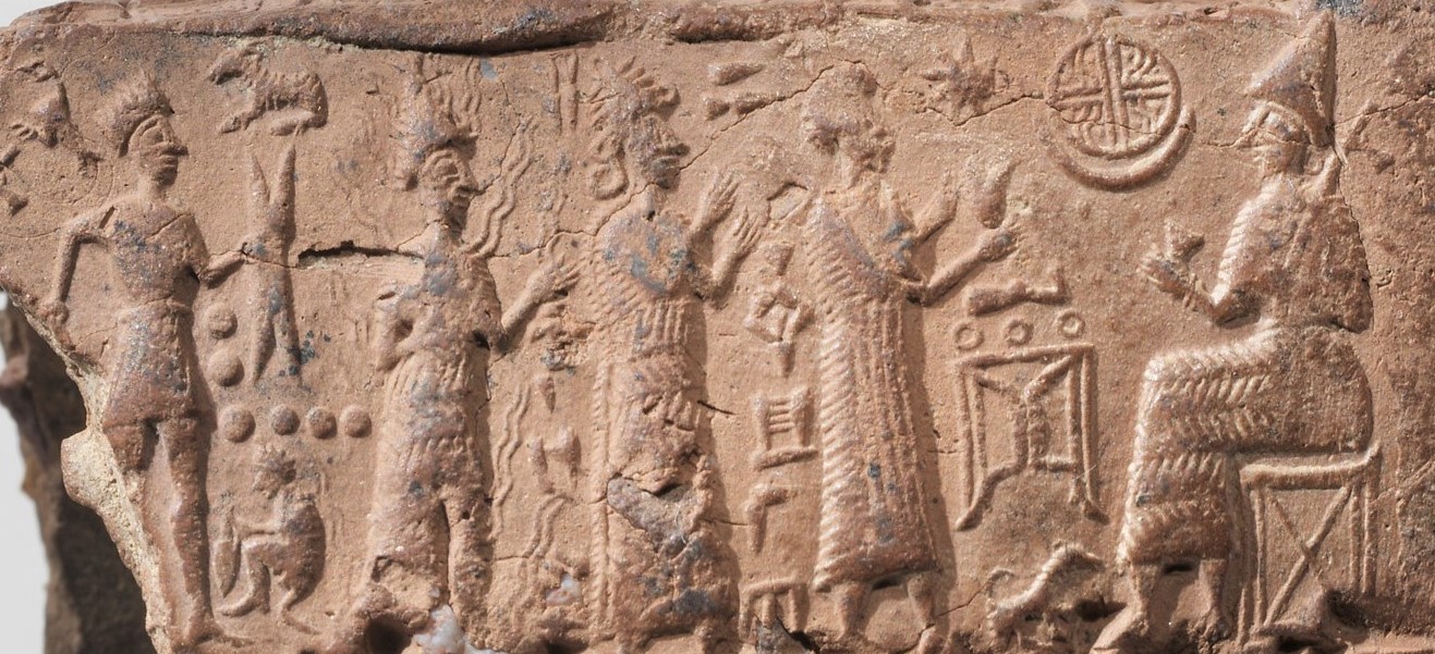 10 - ancient scene from Ur of Adad, Utu, Ninsun, mixed-breed king, & Ningal; Ningal was the mother-in-law to many semi-divine kings
