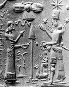 2 - Ninhursag cautioning Inanna, & in the background is Bau with her guard dog; Ninhursag & Bau are sisters while Inanna is their grandniece