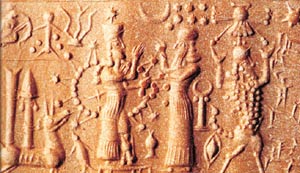2m - Inanna with alien powers & Enlil the alien Earth Commander; strange bull-god under their winged sky-disc / flying saucer