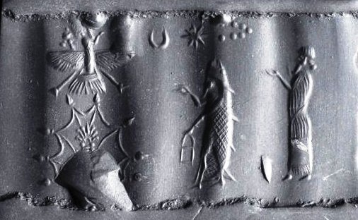4i - Air God Enlil & Sky God father Anu inside their winged sky-disc / flying saucer, Enki in his wet suit swam to shore, & his father-in-law Alalu wait for their landing on shore
