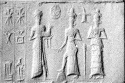 6a - Nannar with dinner, Utu, & Ningal; it was the gods who brought sheep, their favorite food, to Earth, they brought certain grains as well, imagine what else they brought!