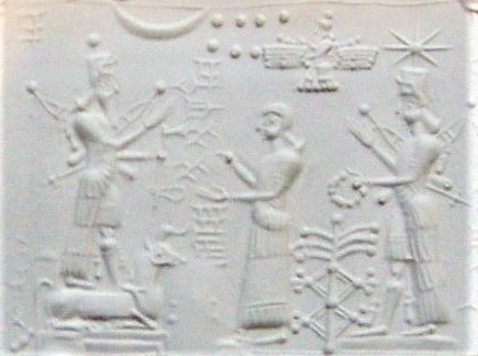 11 - Adad, Ninhursag, Enlil hovering above in sky-disc, & Inanna; Ninhursag spreads caution while Enlil supervises from above in his flying disc / saucer