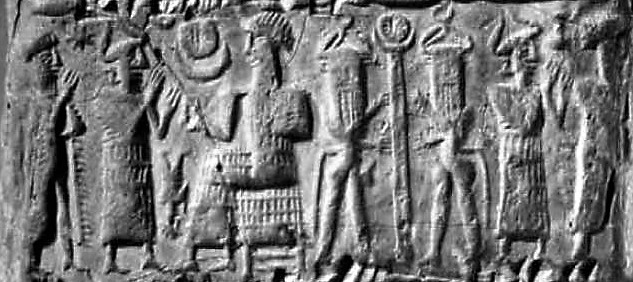 5x - Utu's Sun disc & Sun disc on standard; many unidentified gods & Nannar seated on his throne in Ur