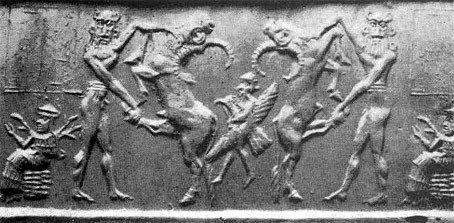 3q - seated Nisaba, goddess of grains, unidentified semi-divine giants, & King Etana with eagle pilot blasting off