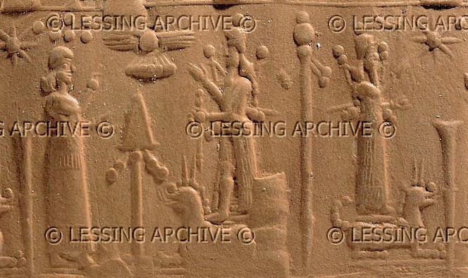 3f - Inanna's 8-Pointed Star, Enlil's 7-Planets, Nibiru's Sky-Disc, Nabu's Stylus, & Marduk's Rocket atop launch pad symbols_ Ninhursag, Ninurta, & Adad