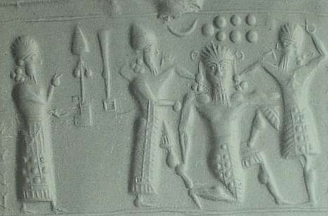 4a - Marduk's Rocket atop ziggurat symbol, son Nabu's Stylus symbol next to it, Nannar's Moon Crescent, & Enlil's 7-Planets symbol