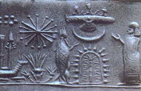 5 - - Enlil's 7-Planets, Nibiru's Sky-Disc, Nannar's Moon Crescent, Nabu's Stylus, & Marduk's long Rocket atop Mushhushshu symbols