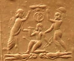 5c - Marduk in his sky-disc below another winged sky-disc, over a deadly battle scene