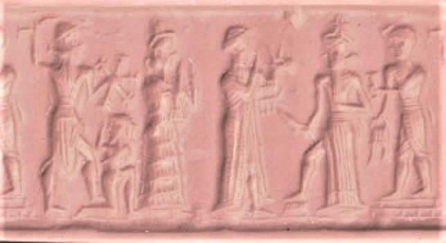 2na - Ninurta attacks earthling with 50-headed mace, Ninsun, her semi-divine son-king, Utu, & semi-divine high-priest