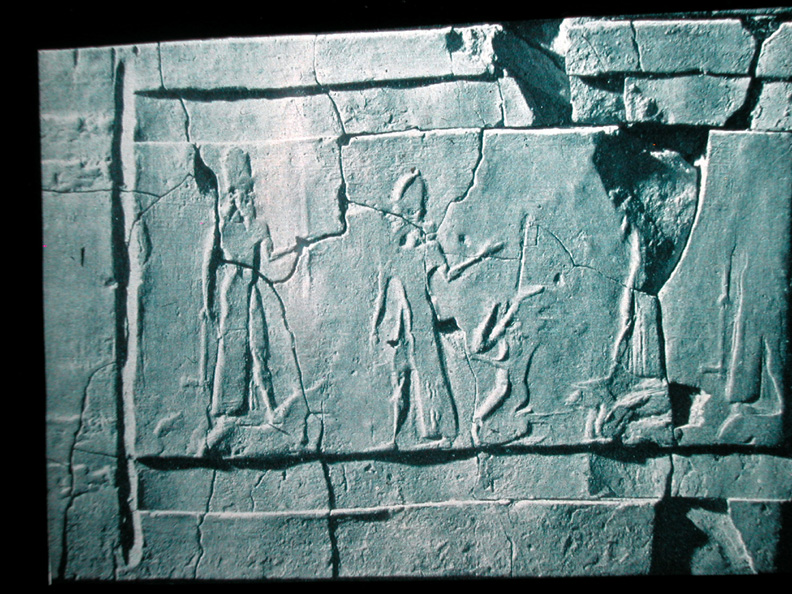 4h - Ninurta, Ashur, Assyrian King Tukulti-Ninurta, & damaged Adad; wall relief with text