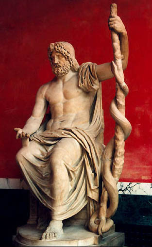Asclepius, Greek name for Damu, god of medicine with serpent around divine rod