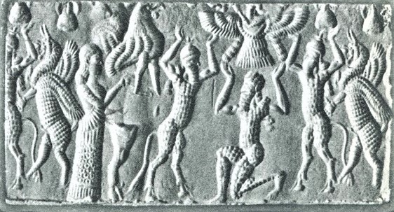 7g - - Ninhursag, Marduk, Enki above in sky-disc, & Ninurta beast