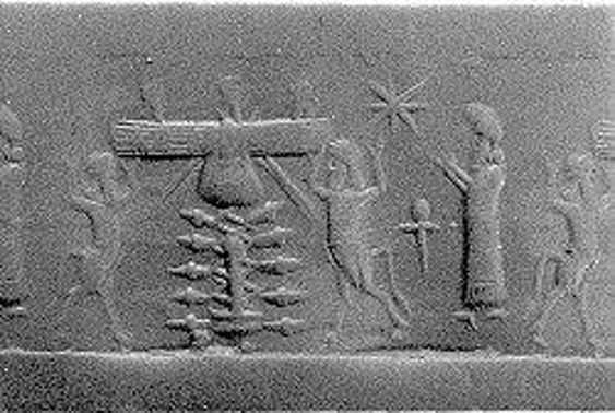 10d - those who came down so long ago & before modern man; son Enki, King Anu, son Enlil inside winged sky-disc / flying saucer, & Alalu awaiting their arrival to Earth