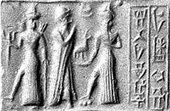16b -daughter Inanna with symbol of peace & weapon in hand, father Nannar with dinner, & son Utu with his alien rock saw / mountain cutter in hand; Utu cut launch & landing sites into the mountain tops