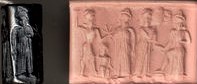 16q - Ninurta with alien high-tech 50-headed mace over a disloyal king or earthling, also giant gods Enlil, Nannar & Utu; historical scene captured in the artifact meant to last for all time
