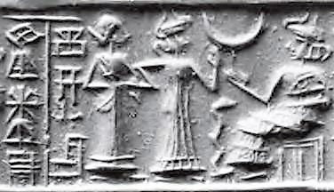 3 - female semi-divine spouse to Goddess of Love Inanna, & her new mother-in-law Ningal, the patron goddess over Ur; home of Biblical Abraham; Inanna espoused a few females who were acting king in Mesopotamia; a scene from Mesopotamia so important that this seal artifact was made for history for all time