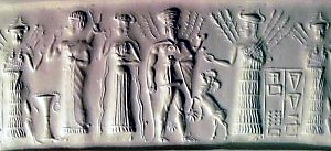 3j - Inanna, her giant mixed-breed king with dinner sacrifice, Ninlil, Haia, & Nisaba; ancient days when the gods mingled with their semi-divine offspring