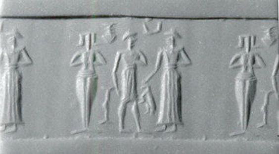21 - naked Inanna, semi-divine king, & unidentified god; naked Inanna represents the Goddess of Love & the spouse to a king with semi-divine bloodline