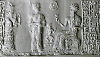 16 - Ninsun, semi-divine King Sinishmeanni, peewee in background, & Nannar/Sin, their patron god over Ur; Nannar oversaw kings for thousands of years from Ur, many espoused his daughter Goddess of Love Inanna
