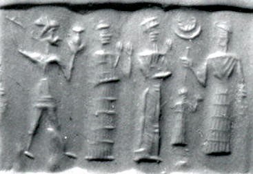 17 - mixed-breed high-priest, Ninsun, Nannar, king in background, & Ningal; the gods appointed kings & protected them in battle, & directed them in matters of state