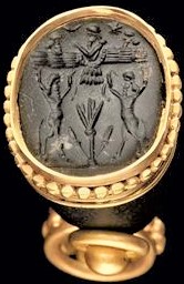 2q - Enki, King Anu, & Enlil inside their winged sky-disc / flying saucer; technology of the gods used to arrive to Earth by flight