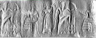 9m - Aia with dinner offering, & spouse Utu come up the ziggurat in Nippur before Enlil, his grandfather the Commander of the gods