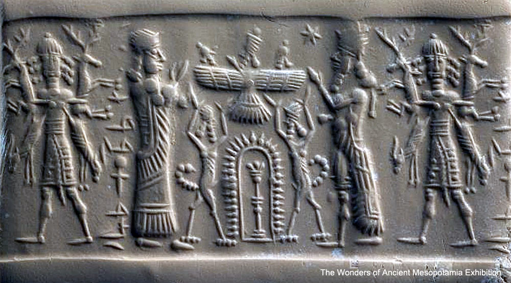 54 - Enlil, Anu, & Enki in sky-disc above other gods